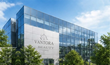 Vantora Beauty manufacturing facility with glass façade and landscaped grounds